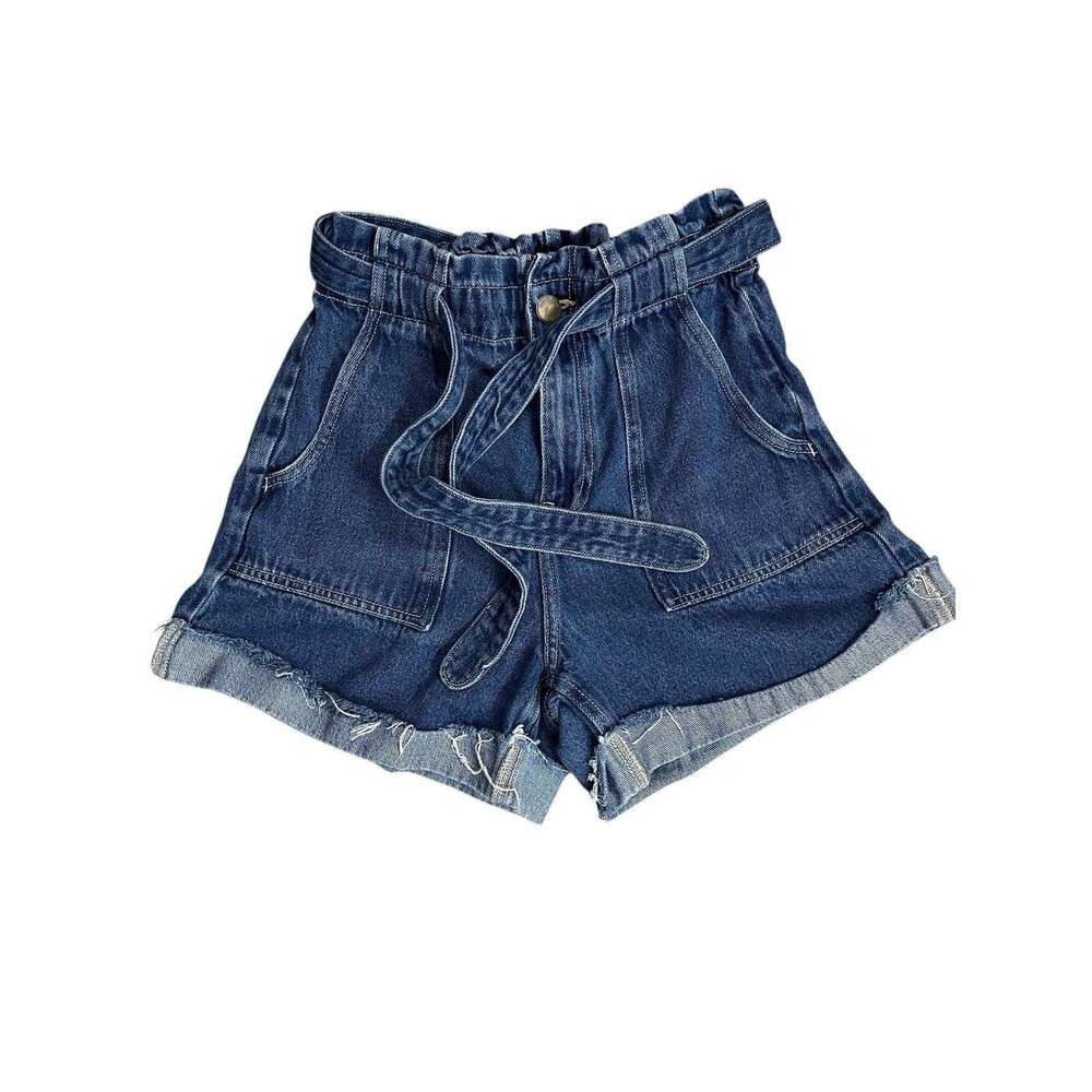 zara denim shorts women size 4 blue paper bag high Rise belted cotton casual